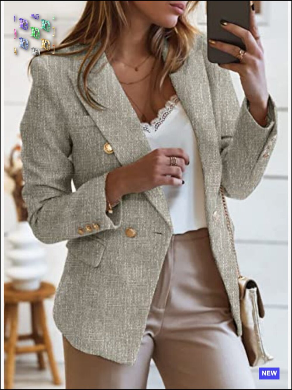 Tweed Blazer Double Breasted Open Front Slim Fit Business Casual Chic - Picture 3 of 7